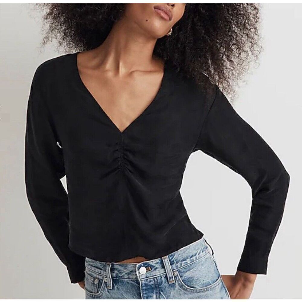 MADEWELL Top Women 00 Black Brushed Ruched-Front NEW Long Sleeve Blouse NN960